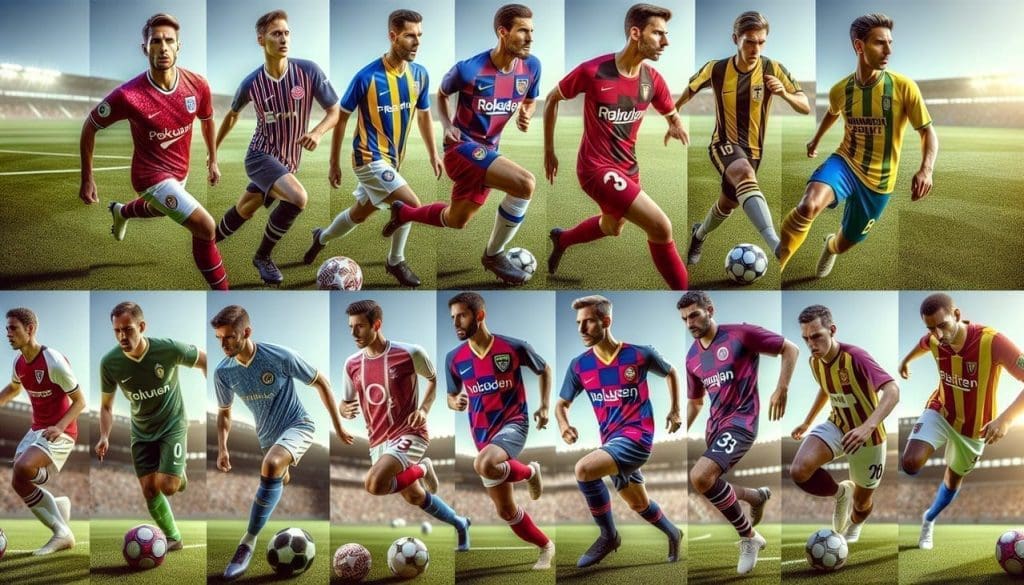 Divers joueurs de football en action sur terrain avec maillots différents débutant par A.