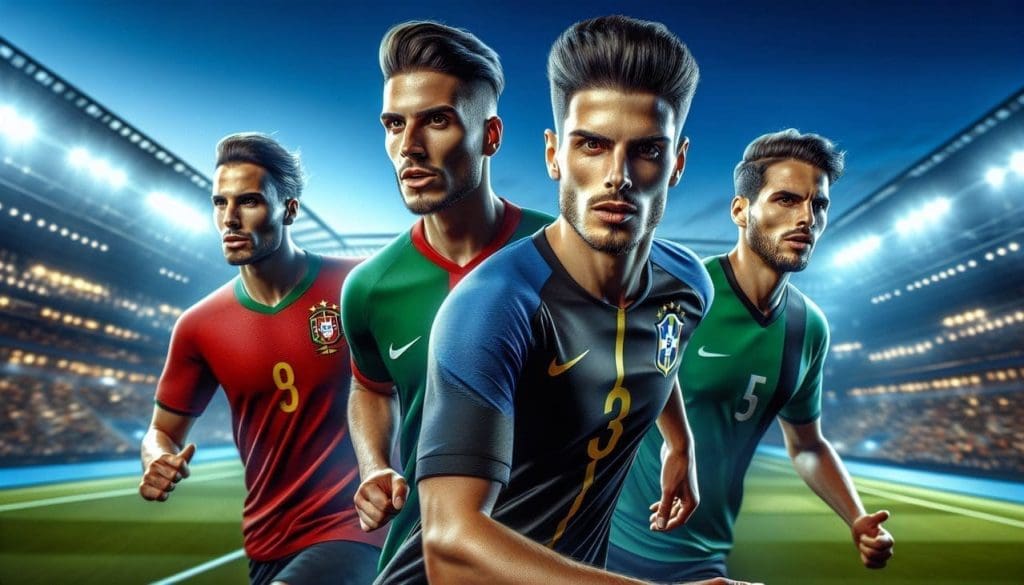 Joueur de football Cristiano Ronaldo, Cafu et Cannavaro sur un terrain vibrant, ciel bleu, détails saisissants.