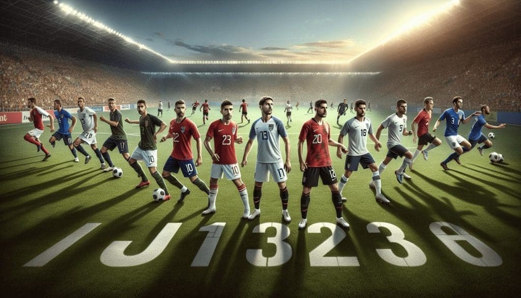 Joueur de football en J, alignés dynamiquement sur le terrain, maillots nationaux, numéros et noms en gras, stade vibrant, soleil couchant, fans joyeux.