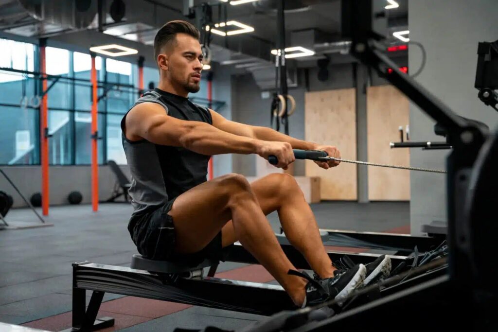 Sportif réalisant un tirage bûcheron avec un haltère et un banc