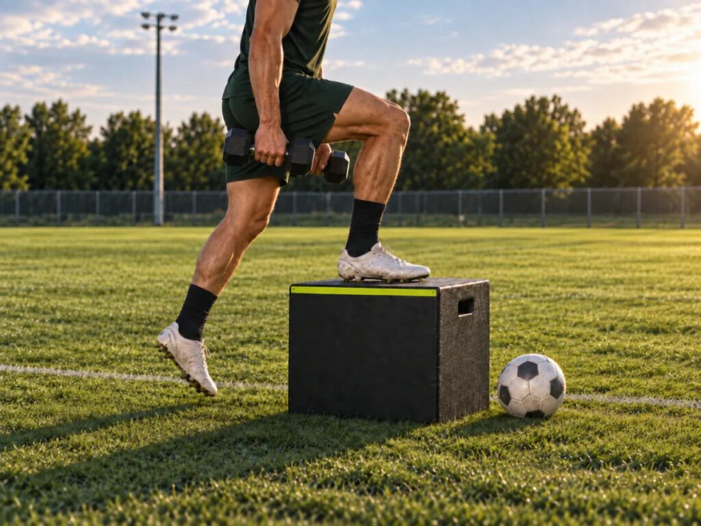 Joueur de football effectuant un step up muscu sur une box pendant une séance de préparation physique