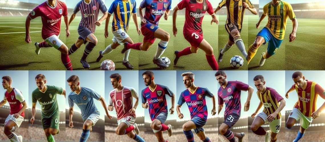 Divers joueurs de football en action sur terrain avec maillots différents débutant par A.