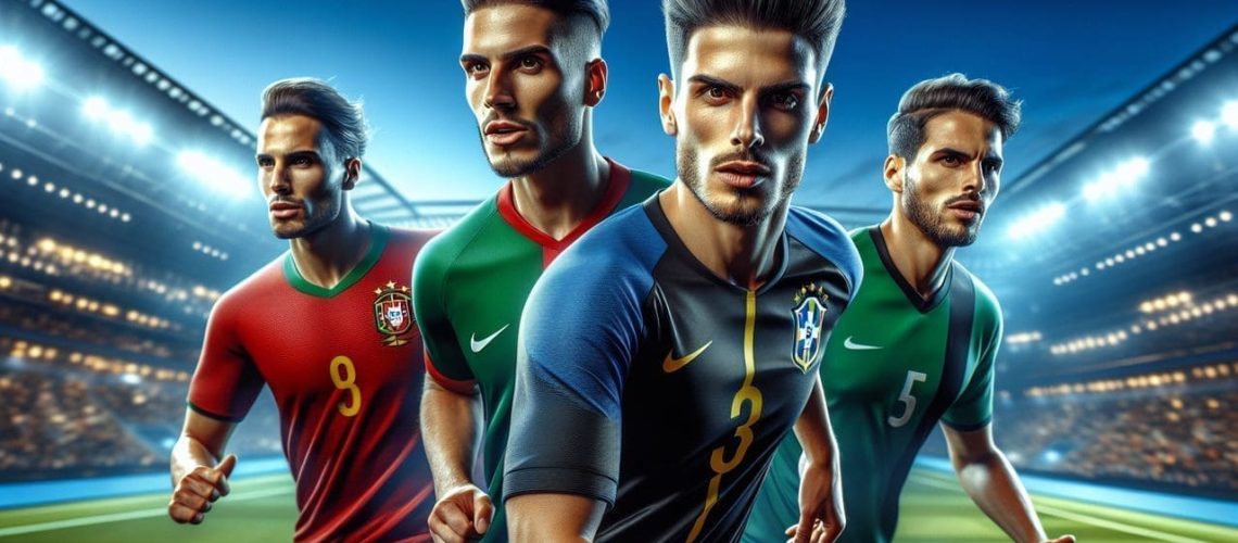 Joueur de football Cristiano Ronaldo, Cafu et Cannavaro sur un terrain vibrant, ciel bleu, détails saisissants.
