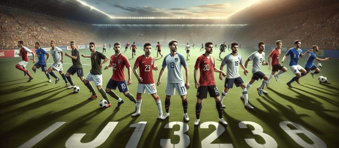 Joueur de football en J, alignés dynamiquement sur le terrain, maillots nationaux, numéros et noms en gras, stade vibrant, soleil couchant, fans joyeux.