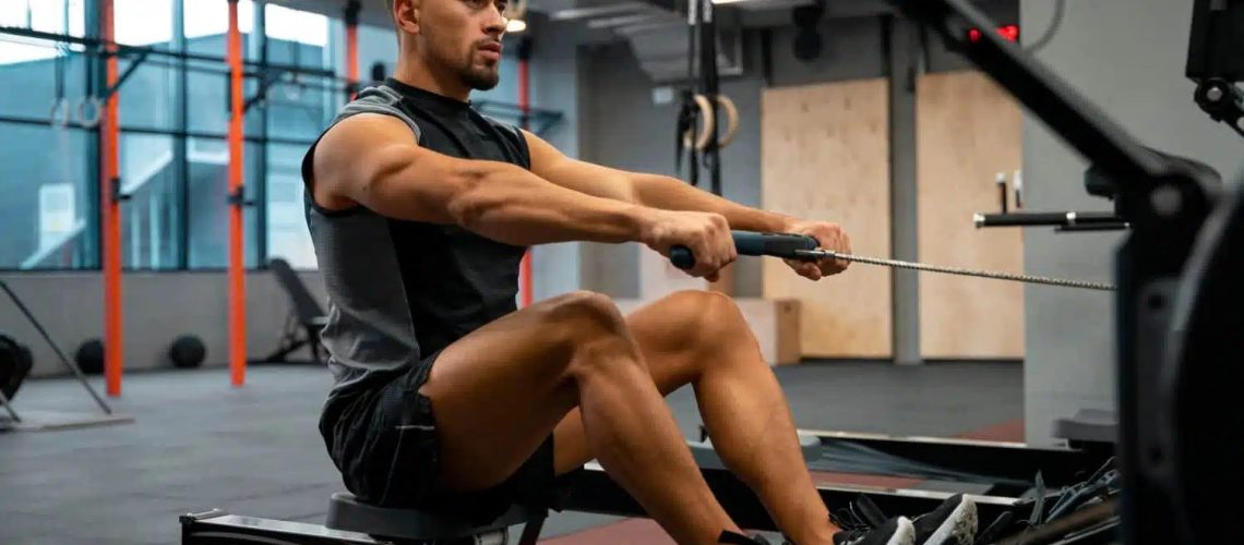 Sportif réalisant un tirage bûcheron avec un haltère et un banc