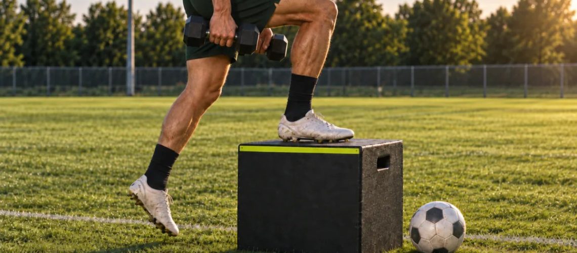 Joueur de football effectuant un step up muscu sur une box pendant une séance de préparation physique