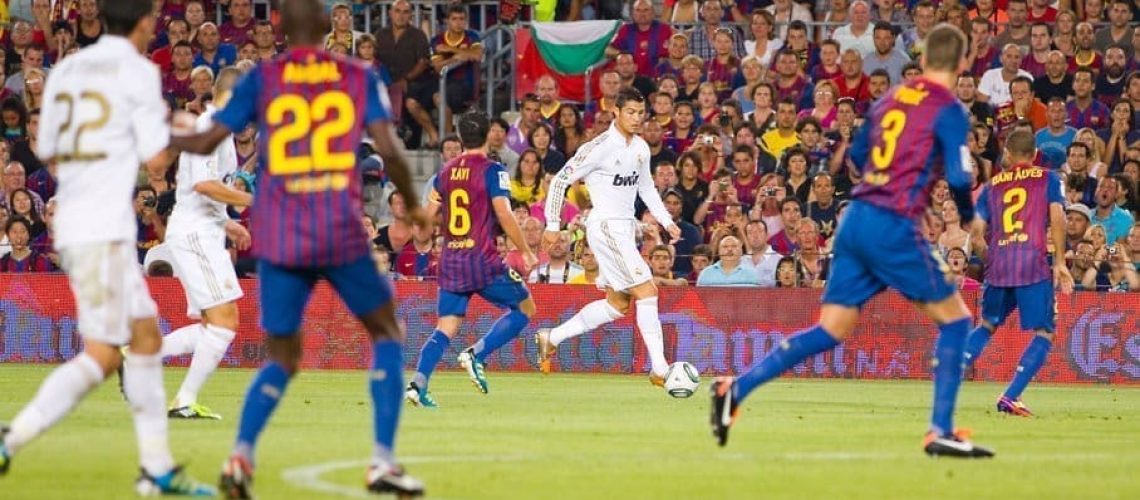 Cristiano Ronaldo of RM in action at the Spanish Super Cup final match between FC Barcelona and Real Madrid, 3 - 2, on August 17, 2011 in Camp Nou stadium, Barcelona, Spain